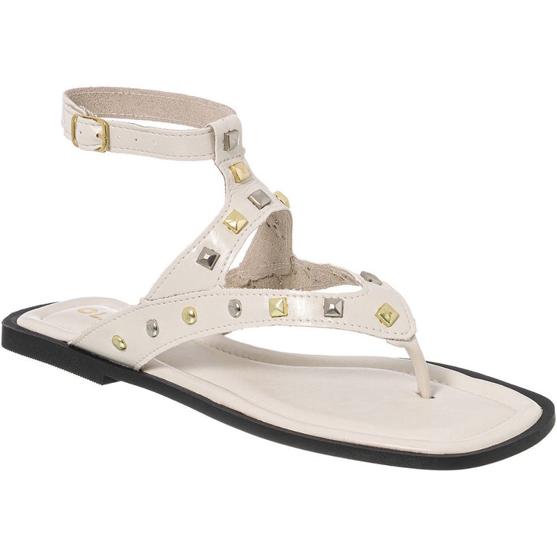 Sandália Rasteira Feminina com Tachas Dourada e Prata Fivela Ajustável Moderno Tendência Verão Olzzy