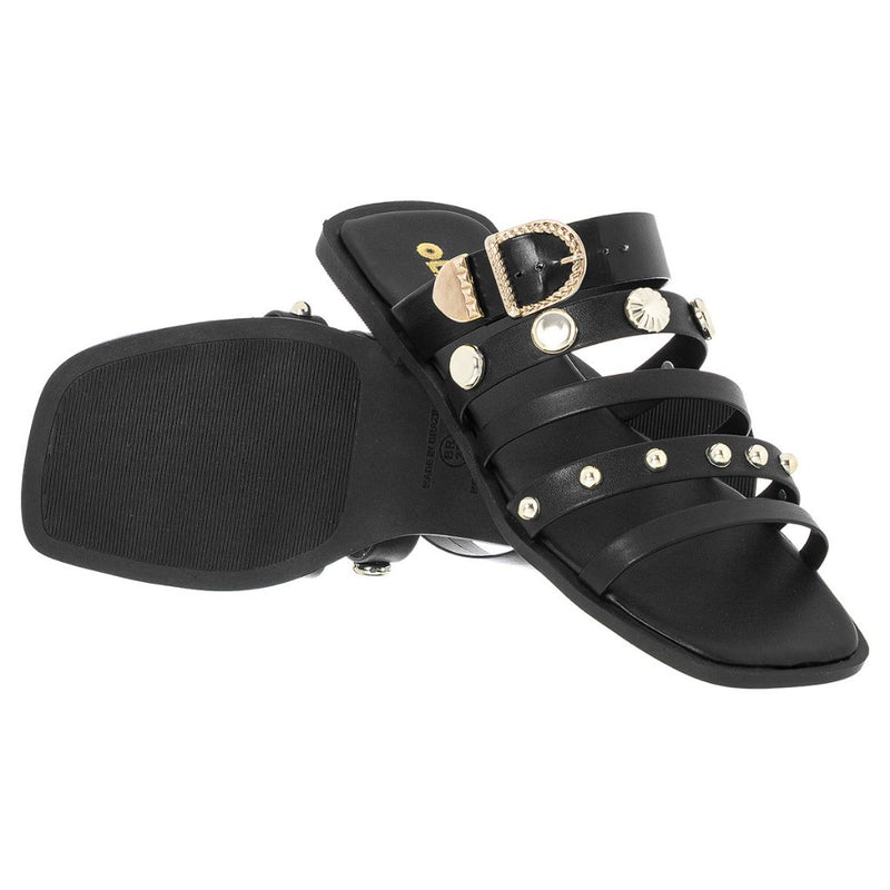 Rasteira Feminina Olzzy com Tiras e Fivela Dourada Enfeits em Metal Leve Confortável Casual