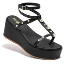 Sandália Feminina Olzzy Anabela Plataforma Alta com Fivela Estilosa e Detalhes em Tachinhas Leve