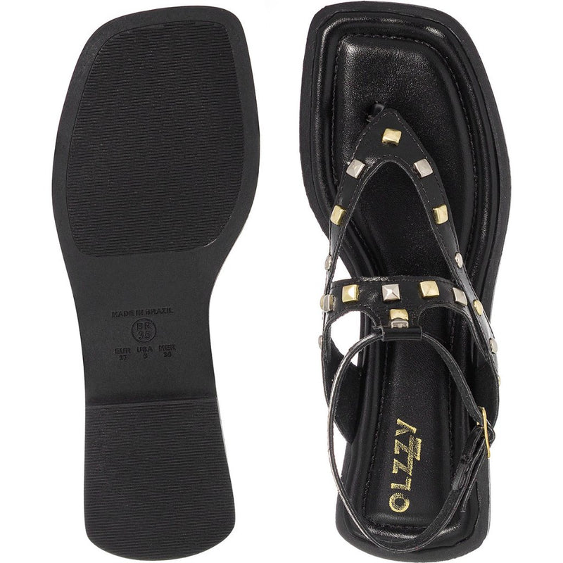 Sandália Rasteira Feminina com Tachas Dourada e Prata Fivela Ajustável Moderno Tendência Verão Olzzy