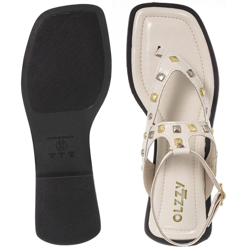 Sandália Rasteira Feminina com Tachas Dourada e Prata Fivela Ajustável Moderno Tendência Verão Olzzy