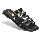 Rasteira Feminina Olzzy com Tiras e Fivela Dourada Enfeits em Metal Leve Confortável Casual