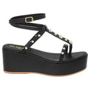 Sandália Feminina Olzzy Anabela Plataforma Alta com Fivela Estilosa e Detalhes em Tachinhas Leve