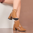 Bota Feminina Salto Médio Bico Fino Verniz Molhado Cano Curto Confortável Moda Atual Olzzy Original