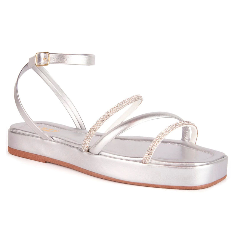 Sandália Feminina Flatform Tiras Brilho Strass