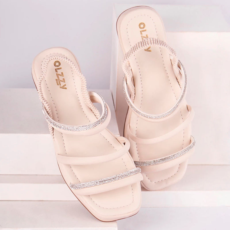 Sandália Flat Feminina Brilho Papete Luxo Strass Calce Fácil Elástico Confortável Olzzy Promoção