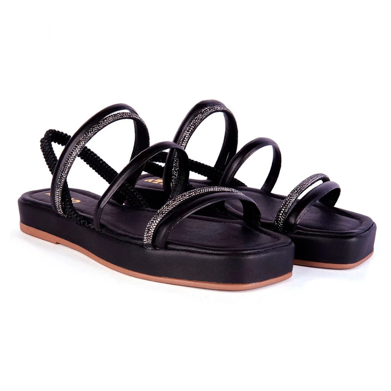 Sandália Flat Feminina Brilho Papete Luxo Strass Calce Fácil Elástico Confortável Olzzy Promoção