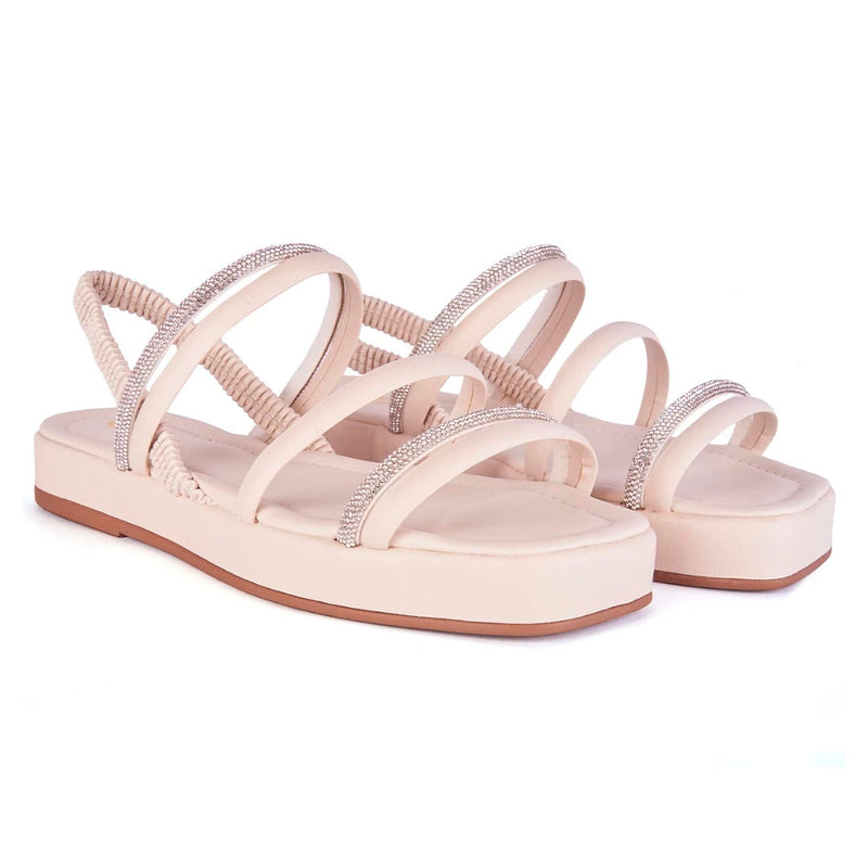 Sandália Flat Feminina Brilho Papete Luxo Strass Calce Fácil Elástico Confortável Olzzy Promoção