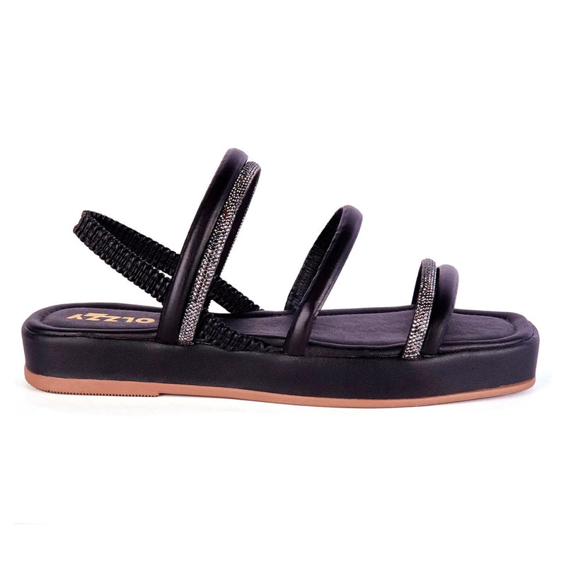 Sandália Flat Feminina Brilho Papete Luxo Strass Calce Fácil Elástico Confortável Olzzy Promoção