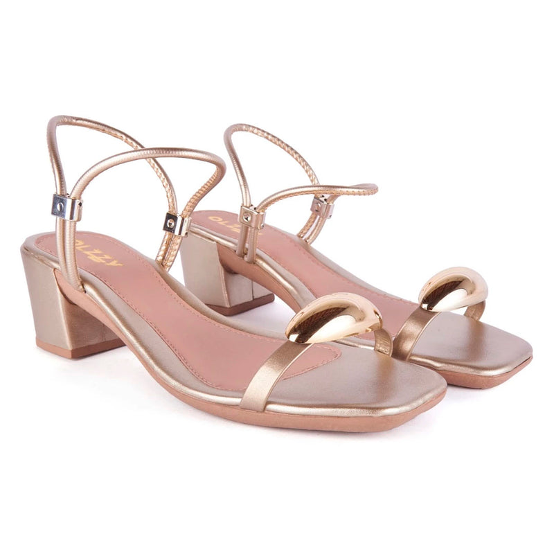 Sandália Feminina Salto Baixo Bloco Casual Enfeite Metal Lesma Brilho Tiras Finas Festa Moda Olzzy