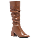 Bota Feminina Marrom Cano Longo Enrugada Couro Sintético Leve Confortável Moda Bico Fino Promoção