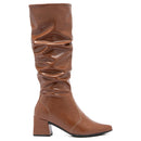 Bota Feminina Marrom Cano Longo Enrugada Couro Sintético Leve Confortável Moda Bico Fino Promoção