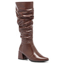 Bota Feminina Marrom Cano Longo Enrugada Couro Sintético Leve Confortável Moda Bico Fino Promoção
