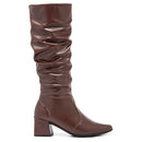 Bota Feminina Marrom Cano Longo Enrugada Couro Sintético Leve Confortável Moda Bico Fino Promoção