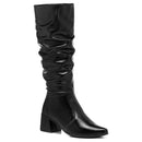 Bota Feminina Marrom Cano Longo Enrugada Couro Sintético Leve Confortável Moda Bico Fino Promoção