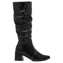 Bota Feminina Marrom Cano Longo Enrugada Couro Sintético Leve Confortável Moda Bico Fino Promoção