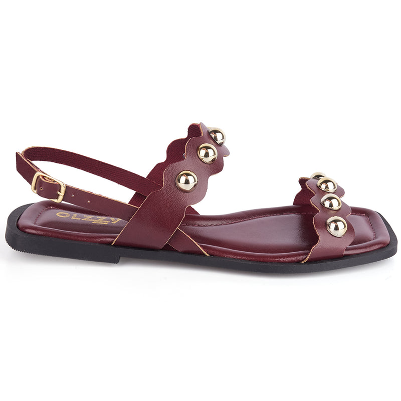 Sandália Rasteira Feminina Detalhe Cravos Dourados Moderno Casual Confortável Tendência Verão Olzzy