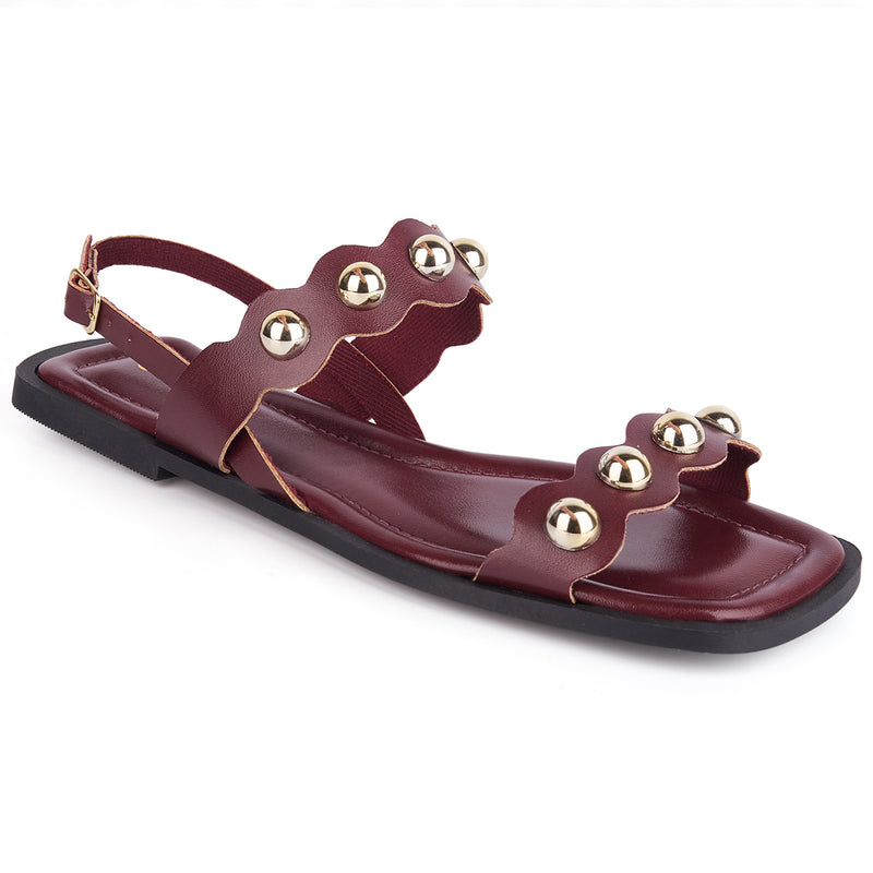 Sandália Rasteira Feminina Detalhe Cravos Dourados Moderno Casual Confortável Tendência Verão Olzzy