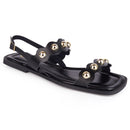 Sandália Rasteira Feminina Detalhe Cravos Dourados Moderno Casual Confortável Tendência Verão Olzzy