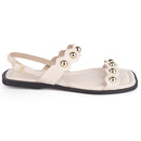 Sandália Rasteira Feminina Detalhe Cravos Dourados Moderno Casual Confortável Tendência Verão Olzzy