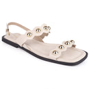 Sandália Rasteira Feminina Detalhe Cravos Dourados Moderno Casual Confortável Tendência Verão Olzzy