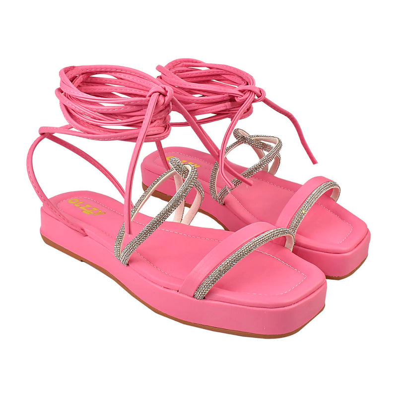 Sandália Feminino Flat Birken Slide Brilho Amarração Delicada Leve