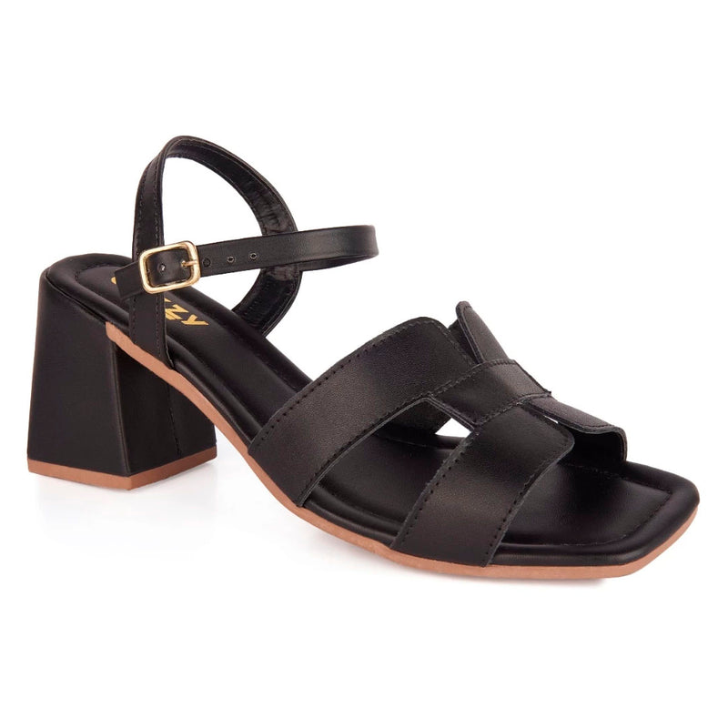 Sandália Feminina Salto Alto Bloco Casual Fivela Básica Detalhe Tiras H