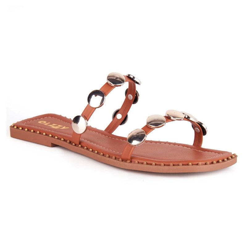 Sandália Feminina Rasteira Flat Apliques Metalizados Medalha Brilho Chinelo