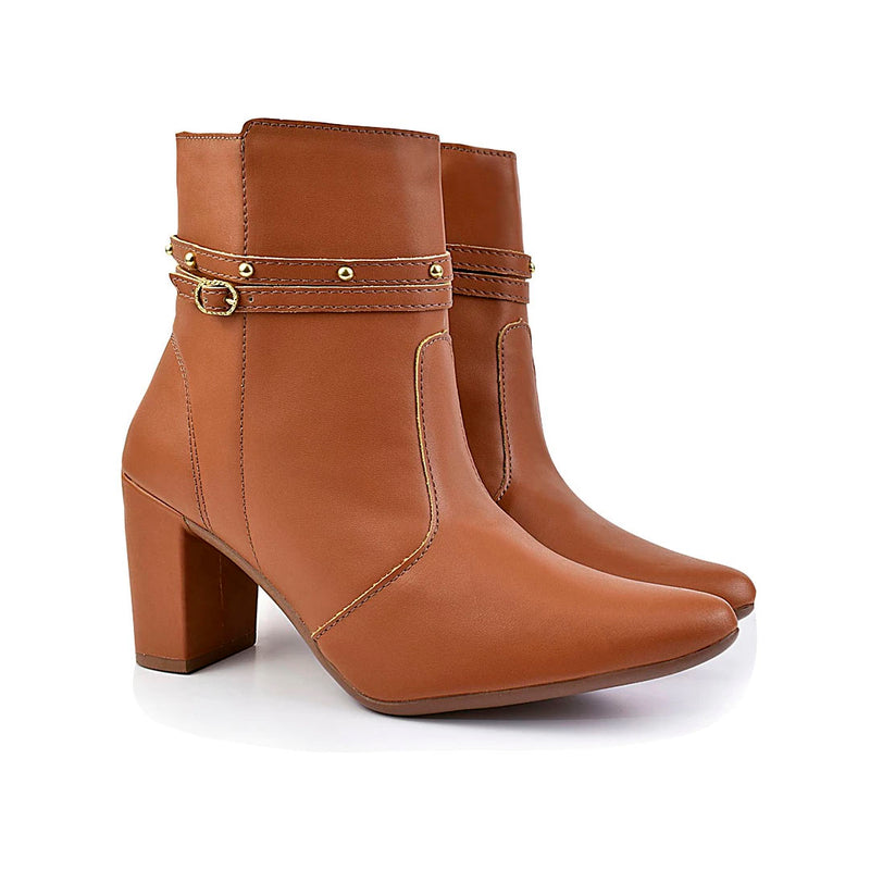 Bota Feminina Bico Fino Salto Alto Bloco Fashion Detalhe Fivela Brilho Confortável Original