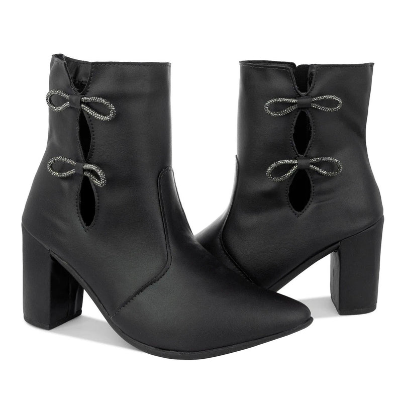 Bota Feminina Bico Fino Salto Fashion Confortável Laço Com Strass