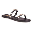 Sandália Feminina Rasteira Flat Apliques Metalizados Medalha Brilho Chinelo