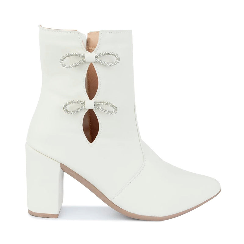 Bota Feminina Bico Fino Salto Fashion Confortável Laço Com Strass