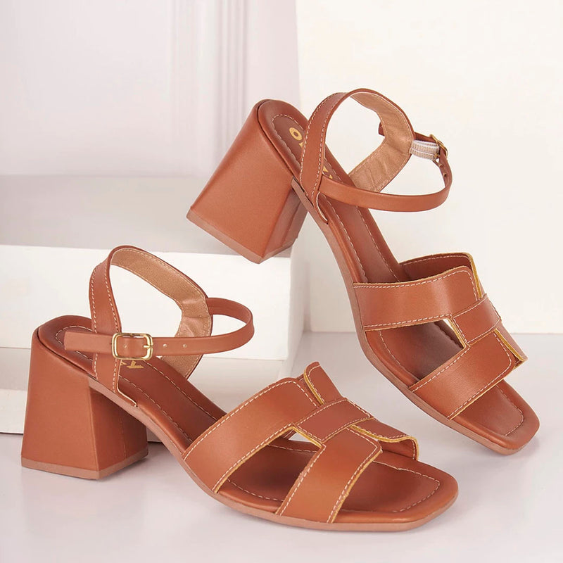 Sandália Feminina Salto Alto Bloco Casual Fivela Básica Detalhe Tiras H