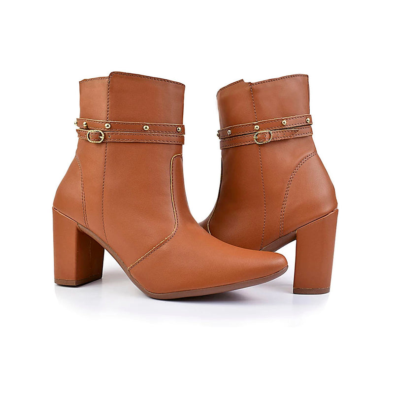 Bota Feminina Bico Fino Salto Alto Bloco Fashion Detalhe Fivela Brilho Confortável Original