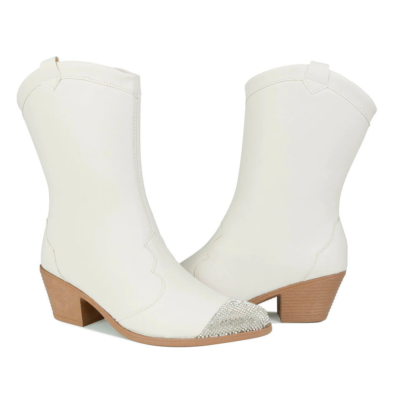 Bota Texana Feminina Western Cano Médio Salto Brilho Olzzy Original