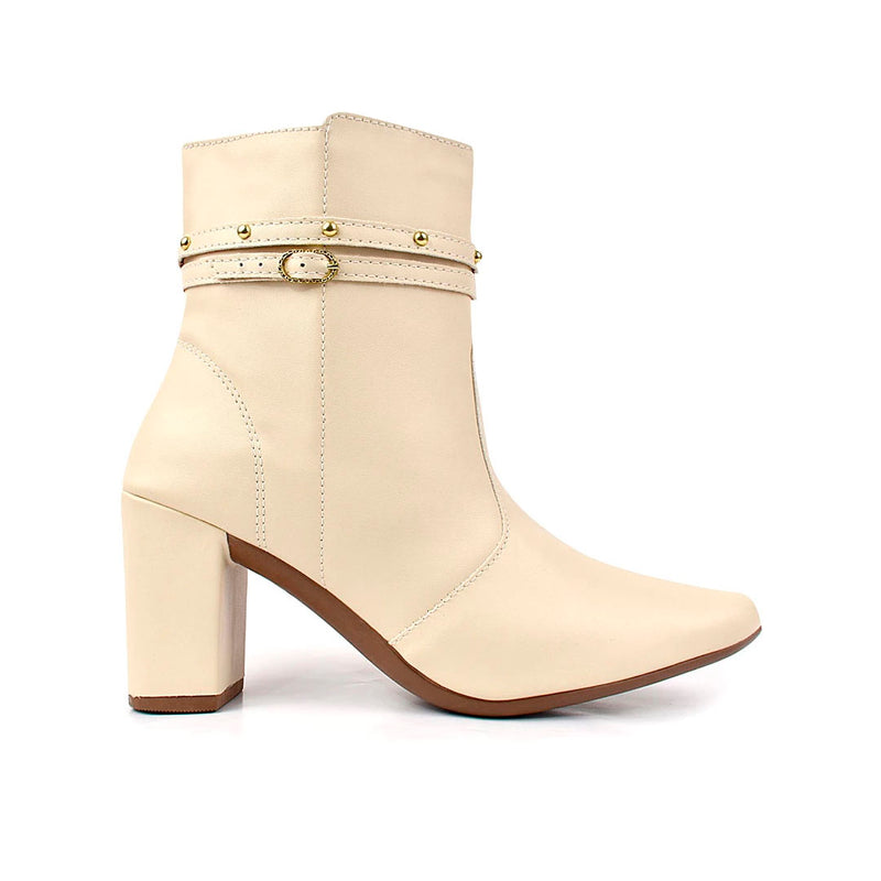 Bota Feminina Bico Fino Salto Alto Bloco Fashion Detalhe Fivela Brilho Confortável Original