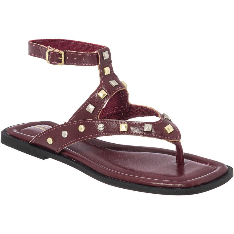 Sandália Rasteira Feminina com Tachas Dourada e Prata Fivela Ajustável Moderno Tendência Verão Olzzy