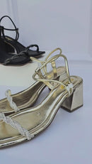 Sandália Feminina Brilho Salto Médio Festa Strass Calce Fácil Moda Luxo Confortável