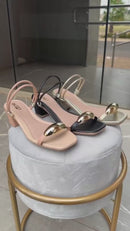 Sandália Feminina Salto Baixo Bloco Casual Enfeite Metal Lesma Brilho Tiras Finas Festa Moda Olzzy