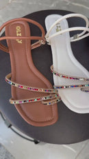 Sandalia Rasteirinha Feminina Pedrarias Flat Tendencia Brilho Strass Moda Verão Confortável